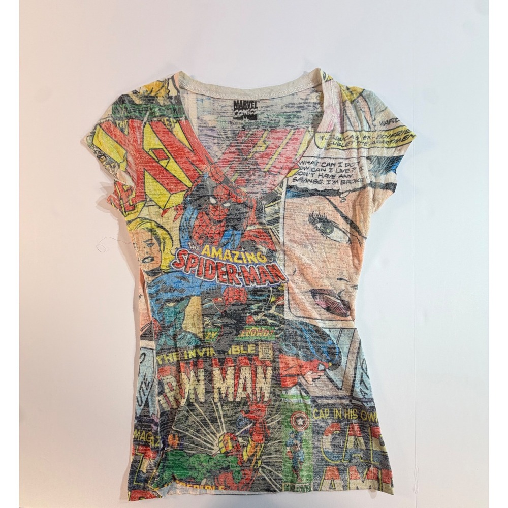 Marvel Comics All Over Print Burnout V-Neck T-Shirt Spider-Man Iron Man Small